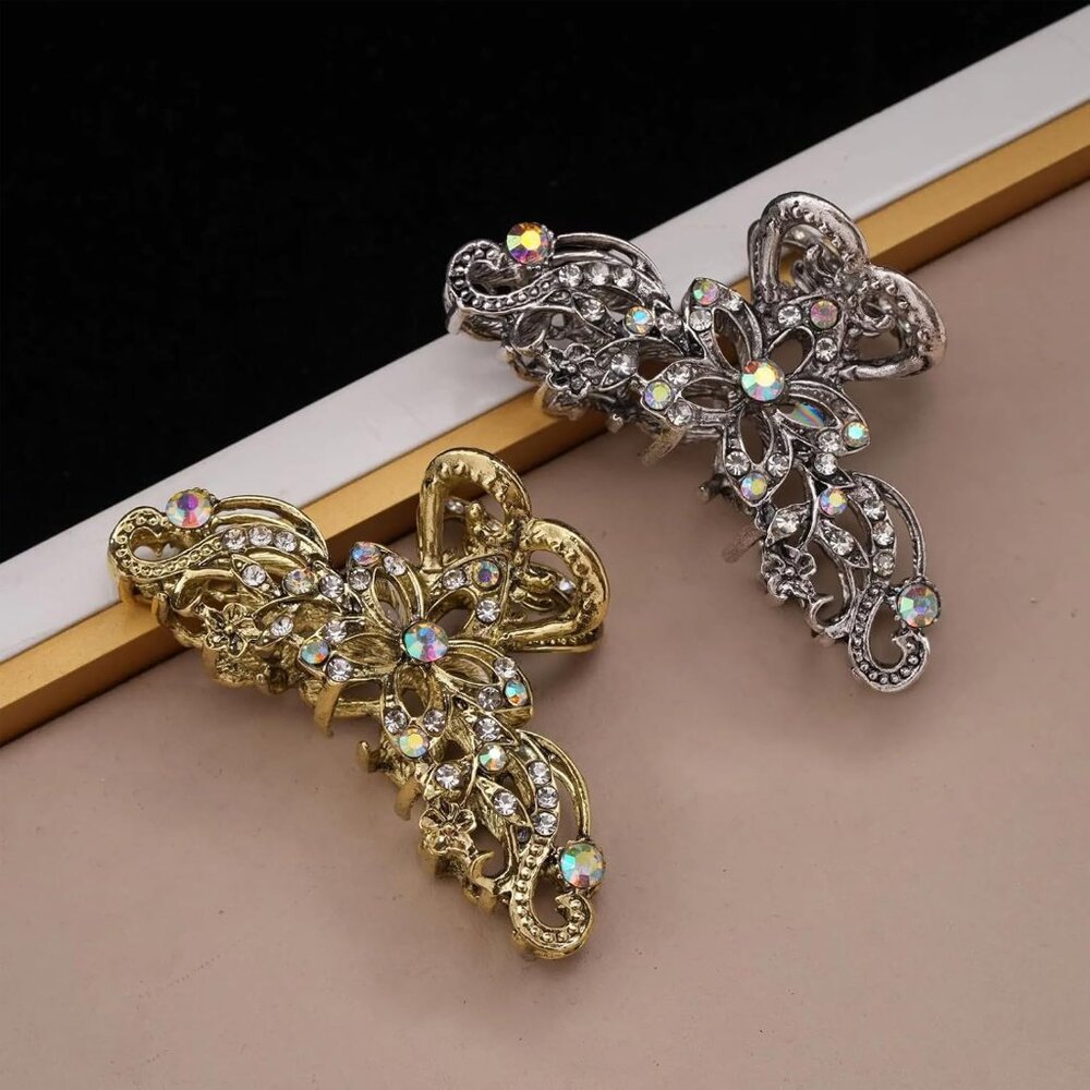 Fancy Hair Claw Jaw Clips Pins For Womens, Vintage Rhinestone Crystal Flowers Ha - Picture 3 of 6